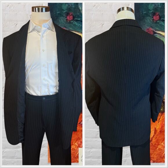 Armani Collezioni Mens 46L 36x31 Black Stripe Designer Suit Stretch 3/2 Roll - Picture 5 of 16